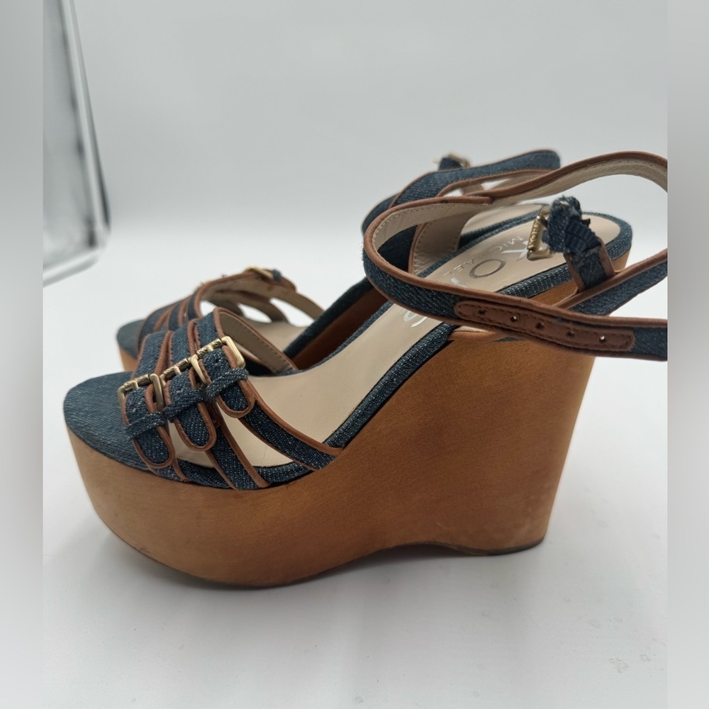 KORS Michael Kors Denim Leather Wooden Wedge Sandals 6.5